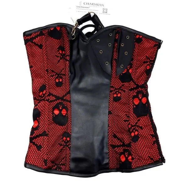 NWT Charmian Goth Steel Boned Steampunk Bustiers Corset Jacket Belt Medium Skull - Picture 4 of 10